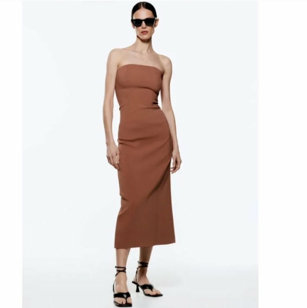 ZARA BROWN STRAPLESS BODYCON MIDI DRESS SIZE MEDIUM NWT
